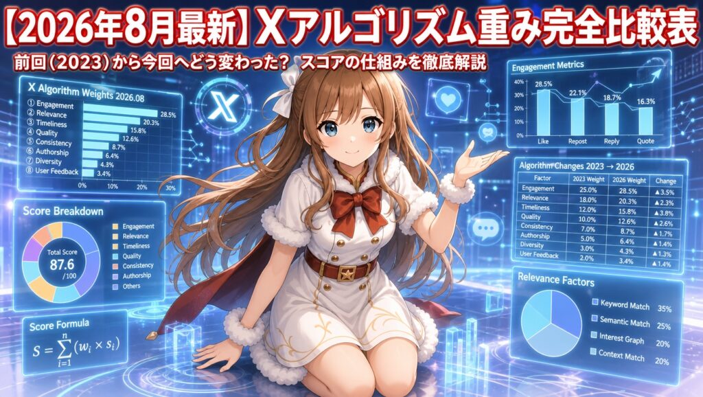 【2026年8月最新】Xアルゴリズム重み完全比較表｜前回（2023年）から今回へどう変わった？スコアの仕組みを徹底解説