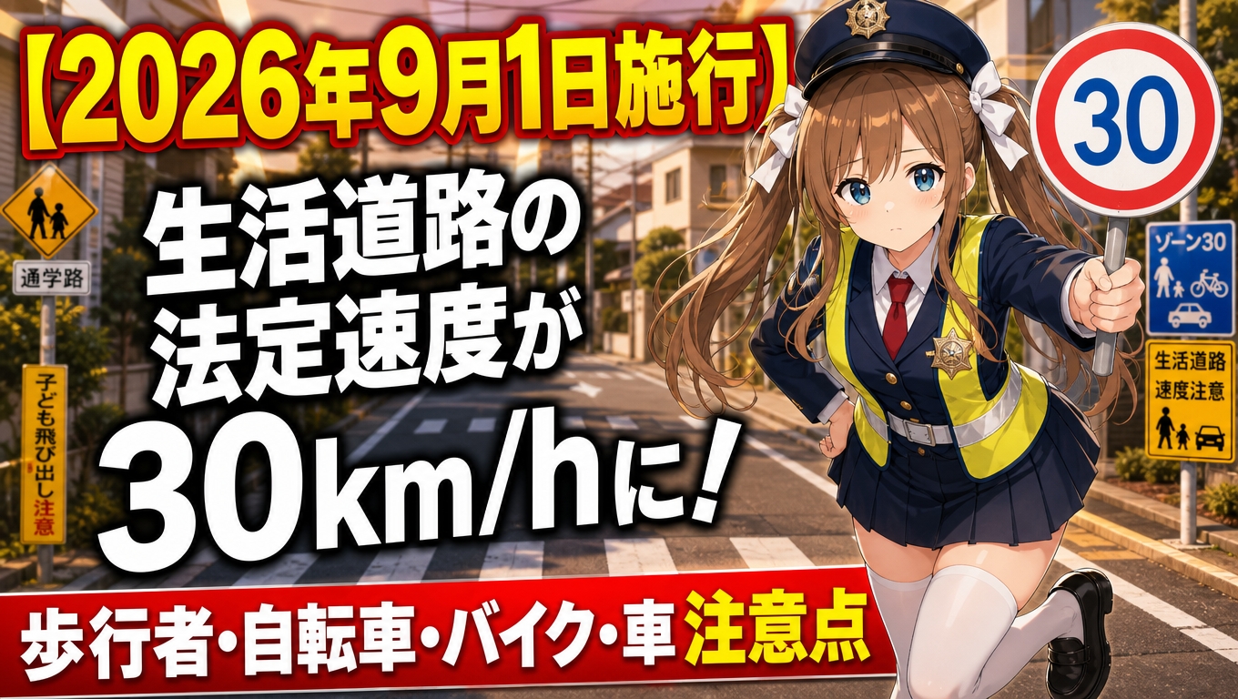 【2026年9月1日施行】生活道路の法定速度が30km/hに｜対象道路の見分け方と、歩行者・自転車・バイク・車それぞれの注意点